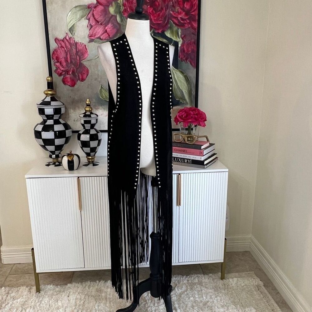 Crazy Train Women's Fringe Studded Faux Suede Duster Vest Black Size Medium